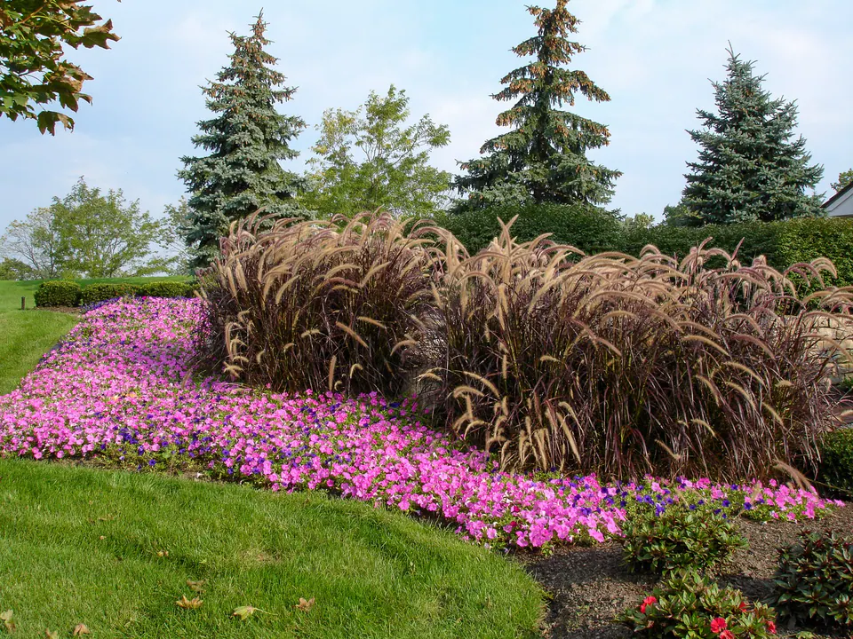 Ornamental grasses, evergreen trees, clipped shrubs, maintained lawn, and seasonal color at a community entry